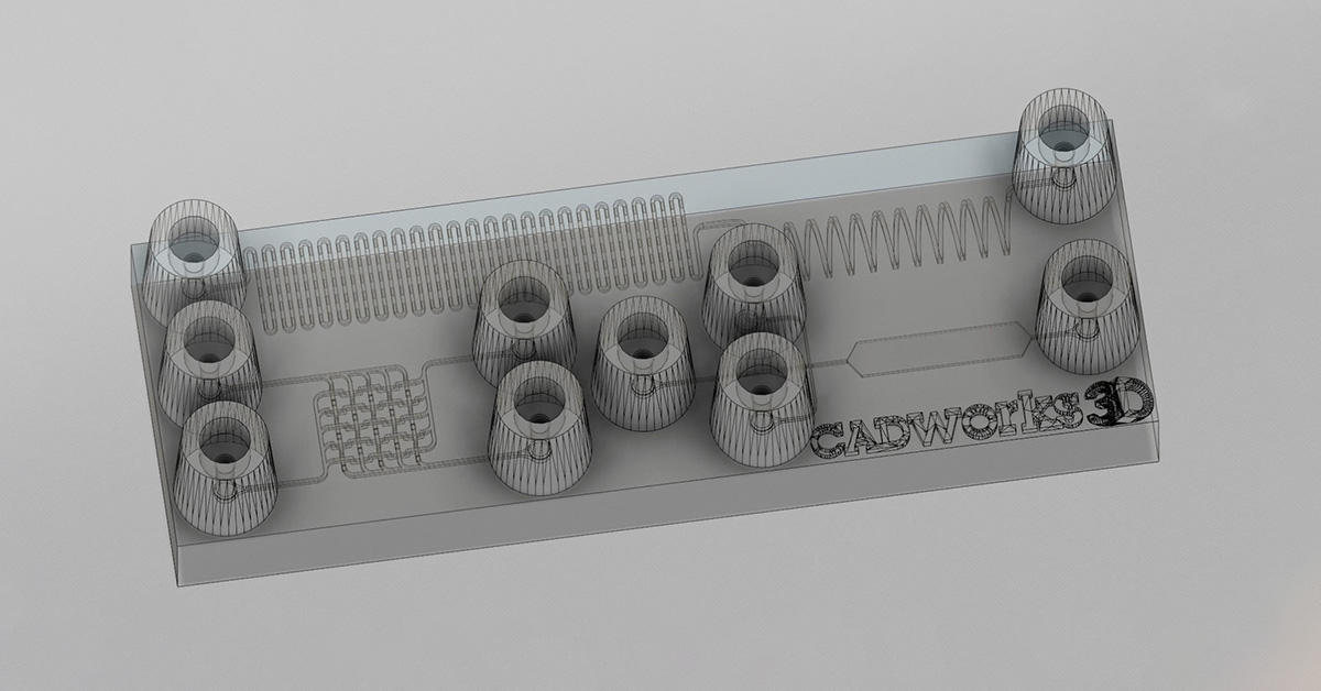 One of many design iterations for a clear microfluidics device with encapsulated channels and features. Designed on Autodesk Fusion 360