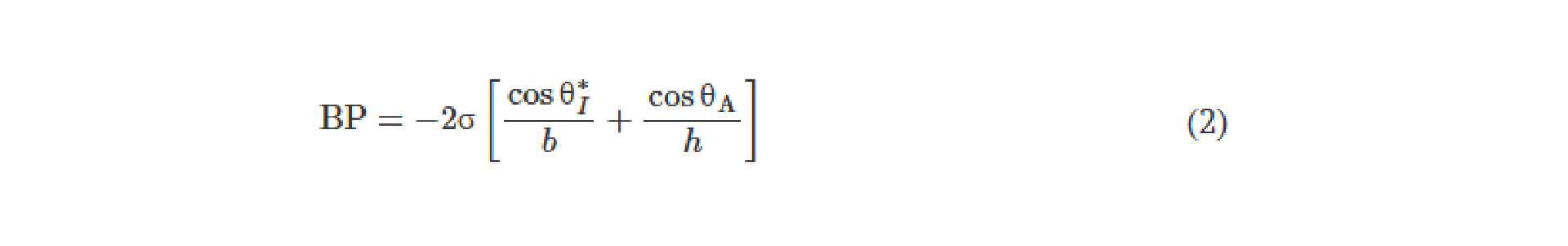 Expression in Plain Text: BP = -2σ (cos(θ*_{I})/b) + (cos(θ_{A})/h)