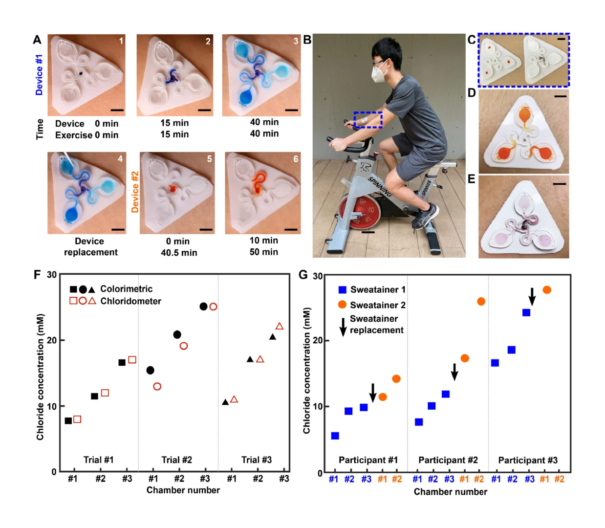 Figure 5. Sweatainer field studies. (A) Sequence of photographs highlighting operation of the sweatainer system. A sweatainer (device no. 1) collects sweat during an active exercise period, which, upon filling, is rapidly exchanged (