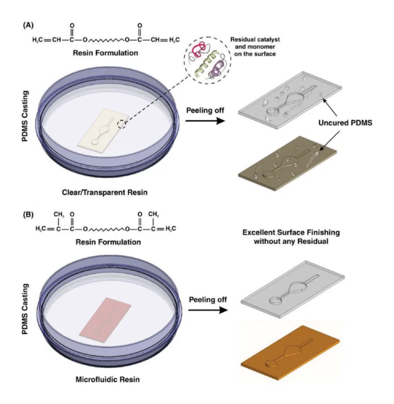 Figure 1. A) Schematic illustration of how acrylated DLP resins impact the surface finish of casted PDMS pieces. Residual catalysts and monomers present at the interface between the resin and PDMS impede the polymerization of PDMS components, leaving behind residual material. B) Demonstrating the improved performance of methacrylated resin over conventional acrylates in providing a smooth surface finish with no residual material. This is due to a lack of unreacted monomers and oligomers impeding the complete polymerization of PDMS.