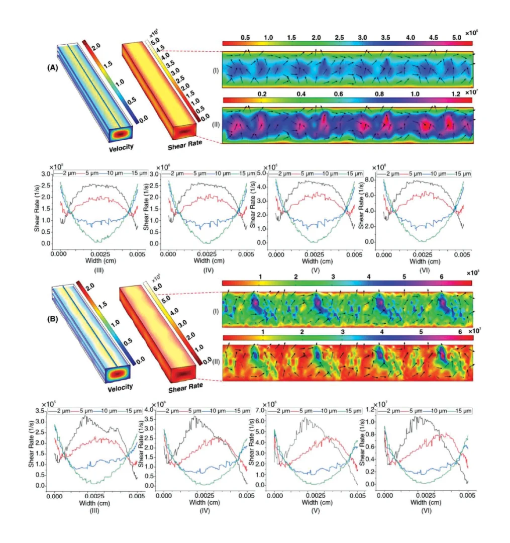 Figure 3. Velocity and shear rate distribution along the length of microchannel for A) Sa = 0.3 µm and B) Sa = 1 µm. Part I and II of each section (i.e., A and B) stand for the shear rate distribution at the bottom of the microchannel for velocity of 0.1 and 3 mL min−1 (black arrows are first principal curvature of surface). In the smooth channel, the peak of shear rate focuses at the center of the microchannel, where, in the other one, it relocates to the edges of microchannel. Shear shear distribution along the width of microchannel at 2, 5, 10, and 15 µm for velocities of 0.1, 1, 1.7, and 3 mL min−1 are illustrated by parts III to VI, respectively. It shows that in rough microchannel shear rate is uneven.