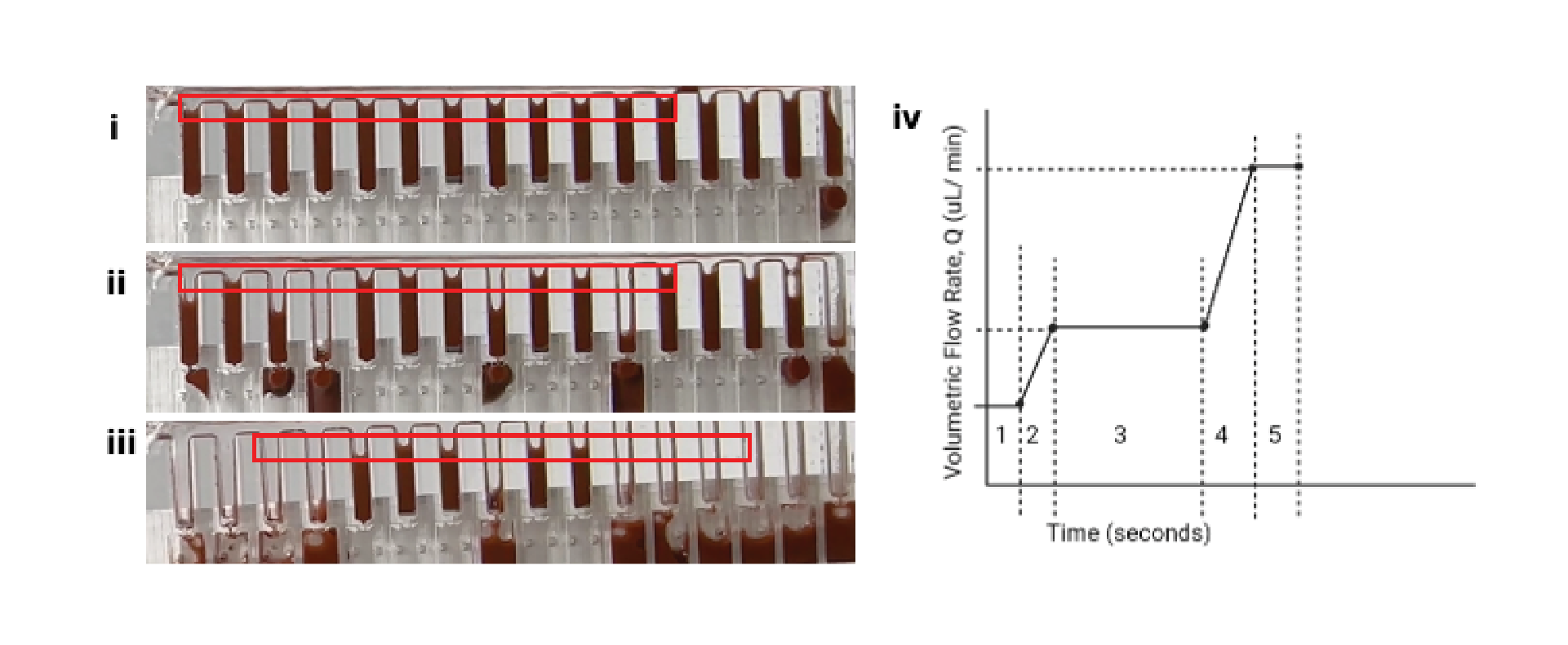 Figure 5. (i–iii) shows the effect of asynchronous emptying of the metering wells. (iv) shows the pump ramp program: (2) Ramp from 0.1 mL/min to 1 mL/min in 5 s. (3) Hold at 1 mL/min for 72 s (72 s is the time required to completely empty the surrogate elution chamber per my setup + time to empty the feed well) (4) Ramp from 1 mL/min to 10 mL/min in 5 s (5 s–arbitrarily chosen—being careful to ensure the syringe pump could handle that ramp) (5) Hold at 10 mL/min for 6 s (10 mL/min for 6 s ensures 690 µL is pushed from the all metering wells while keeping the unit pressurized). The positive pressure is maintained momentarily to ensure all wells are emptied simultaneously.