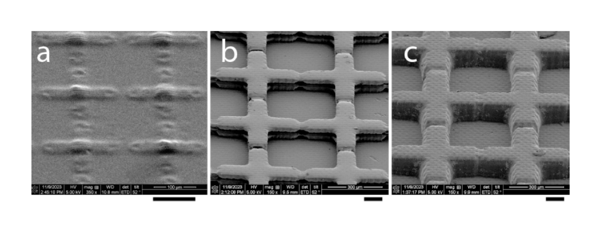 Figure 7. Scanning electron microscopy of SSCC devices fabricated using: photolithography (panel a), industrial 3-D resin printing (b), and consumer 3-D printing (c) (scale bars = 0.1 mm). The SSCC consisted of grid and wall features with heights of 0.01 mm (photolithography) or 0.1 mm (resin printing), including gaps in the gridlines that connected the squares to allow better distribution of sample for counting or quality evaluation (e.g., sperm motility) of biological samples.